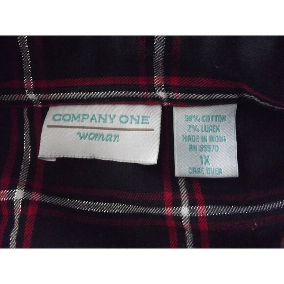 Company One Woman Shirt Plus 1X Navy Blue red Silver Metallic Plaid button-down - Picture 3 of 13